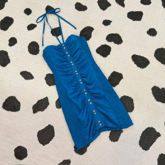 NWT $128 Free People Womens XS Bali Babe Blue Halter Bodycon Smocked Sexy Dress - Picture 1 of 13